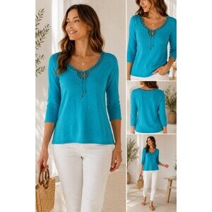 Hearts of Palm Turquoise Crochet Lace Up Beaded Neck Knit Top Women’s Size L